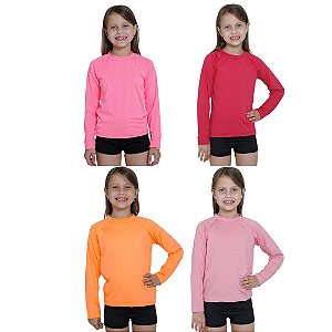 KIT 4 BLUSAS INFANTIL COM PROTEÇÃO SOLAR UV50 MODA PRAIA - PINK, ROSA CLARO, ROSA NEON, LARANJA NEON
