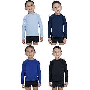 KIT 4 BLUSAS INFANTIL COM PROTEÇÃO SOLAR UV50 MODA PRAIA - AZUL BEBÊ, ROYAL, MARINHO, PRETO