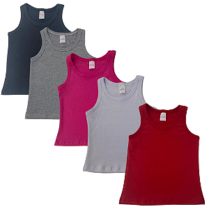 KIT DE 5 BLUSAS REGATAS DE RIBANA INFANTIL - PRETA,MESCLA,BRANCA,PINK,VERMELHA