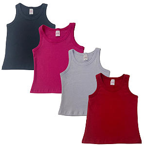 KIT DE 4 BLUSAS REGATAS DE RIBANA INFANTIL - PRETA, VERMELHA, PINK, BRANCA