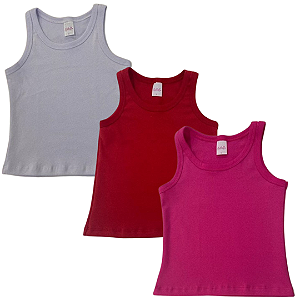 KIT DE 3 BLUSAS REGATAS DE RIBANA INFANTIL - BRANCA, VERMELHA, PINK