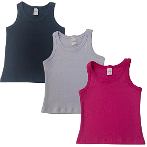 KIT DE 3 BLUSAS REGATAS DE RIBANA INFANTIL - PRETO, BRANCA, PINK