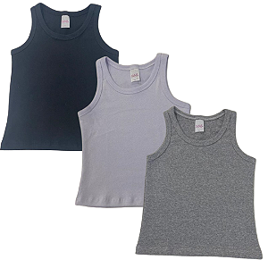 KIT DE 3 BLUSAS REGATAS DE RIBANA INFANTIL - PRETO, BRANCA, MESCLA