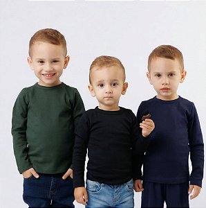 KIT 3 BLUSAS MANGA LONGA INFANTIL RIBANA UNISSEX 1 AO 12 ANOS - PRETA, AZUL E VERDE