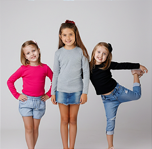 KIT 3 BLUSAS MANGA LONGA INFANTIL RIBANA UNISSEX 1 AO 12 ANOS - PRETA, PINK, MESCLA