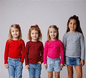 KIT 4 BLUSAS MANGA LONGA INFANTIL RIBANA UNISSEX 1 AO 12 ANOS - MARSALA, VERMELHA, PINK, MESCLA