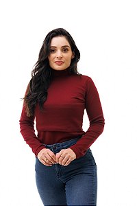 BLUSA FEMININA GOLA ALTA MANGA LONGA COM ABERTURA PARA AMAMENTAÇÃO MARSALA