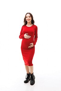 VESTIDO MIDI FEMININO MANGA LONGA COM ABERTURA PARA AMAMENTAÇÃO VERMELHO