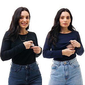 KIT DE 2 BLUSAS DE MANGA LONGA E GOLA REDONDA PRETA E MARINHO COM ABERTURA PARA AMAMENTAÇÃO - PRETA E MARINHO