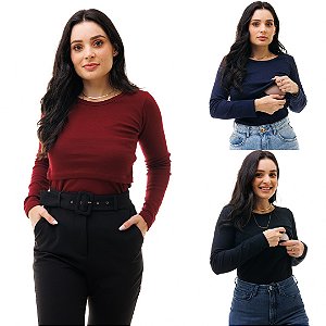 KIT DE 3 BLUSAS DE MANGA LONGA COM GOLA REDONDA COM ABERTURA FRONTAL PARA AMAMENTAÇÃO -  PRETA, MARSALA E MARINHO