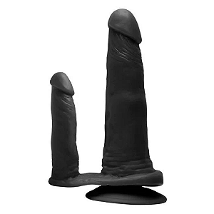 PRÓTESE REALÍSTICA DUPLA COM VENTOSA EM SILICONE 18 X 3,5CM E 10,5 X 2,3CM PRETA PRAZER E CIA