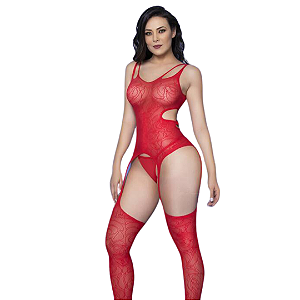 LINGERIE SENSUAL MACACÃO COM CINTA LIGA ÚNICA E MEIAS INTERLIGADAS VERMELHO 1401