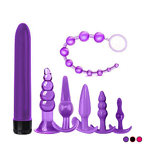 KIT DE PLUGS DILATADORES CÔNICOS E VIBRADOR PERSONAL COM 7 UNIDADES CORES
