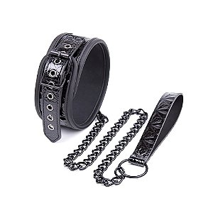 COLEIRA LUXUOSA EM VINIL ALTO-RELEVO BRILHANTE COM CORRENTE E GUIA