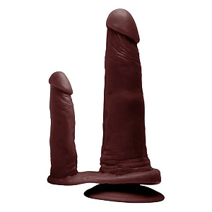 PRÓTESE REALÍSTICA DUPLA COM VENTOSA EM SILICONE 18 X 3,5CM E 10,5 X 2,3CM MARROM PRAZER E CIA