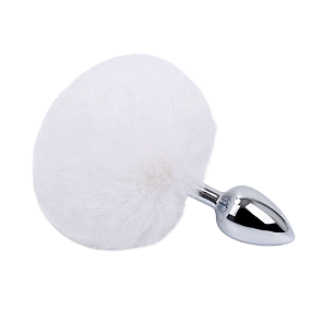 PLUG ANAL DE METAL CROMADO RABO DE COELHO BRANCO