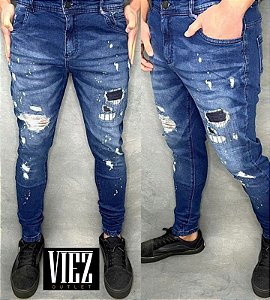 CALÇA JEANS ESCURA MASCULINA  MEGA DESTROYED