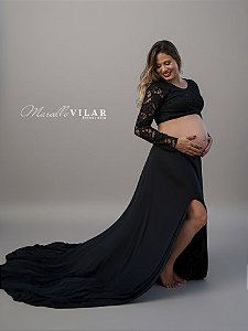 Conjunto saia godê e cropped para ensaio de gestante