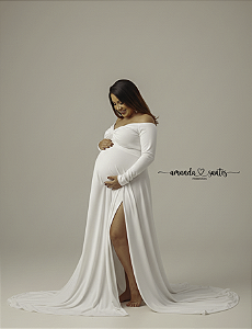 Conjunto saia godê para ensaio de gestante com cropped manga longa em malha