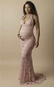 Vestido para ensaio fotográfico de gestante em renda glamurosa