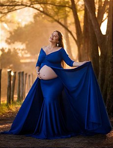 Vestido para ensaio de gestante cauda longa 3 peças