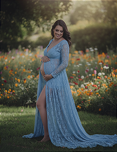 Vestido para ensaio de gestante em renda com busto transpassado
