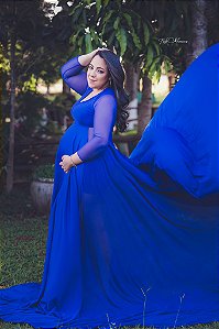 Vestido para ensaio gestante com transparência lateral