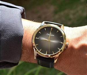 Relógio Champion Dourado Unissex Pulseira Couro Sintético Preta CN20828U