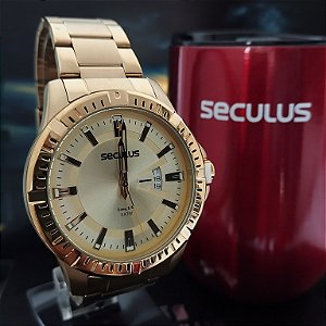 Kit Relógio Masculino Séculos Dourado - 44205GPSVDA2 - C/ Copo Térmico