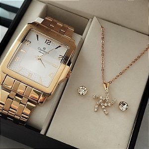 Kit Relógio Champion Feminino CN26591W Colar + Brincos - Dourado