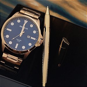 Relógio Masculino Dourado Aço Com Visor Azul   44217GPSVDA3K1