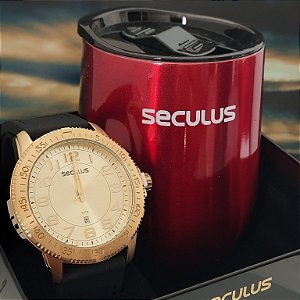Kit Relógio Masculino Silicone e Pespontos Dourado 44223GPSVDU3
