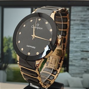 Relogio Feminino Champion Ceramica Preto com Dourado Luxo Vidro Safira Original CA21866U
