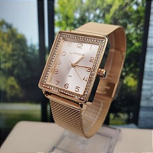Relógio Lince Feminino Quadrado Dourado Strass LQG4665L S2KX