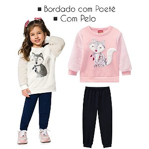 Conjunto Moletom Pelúciado Infantil Feminino com Paetê e Pelo Kyly