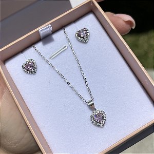 Conjunto de Prata Coração Rosa