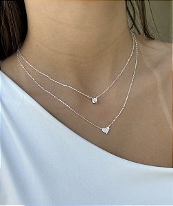 Colar Duplo de Prata Coração + Ponto de Luz