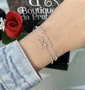 Pulseira de Prata Dupla Infinito/Bolinha