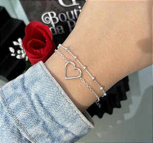 Pulseira de Prata Dupla Coração/Bolinhas