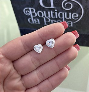 Brinco de Prata Coração Cravejado