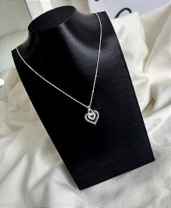 Colar de Prata Coração Duplo Cravejado