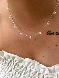 Colar de Prata Choker Veneziana com Pedras de Coração
