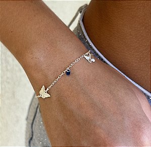Pulseira de Prata Borboletas e Pedras Azul