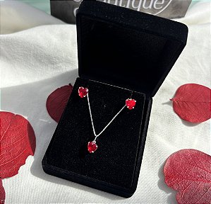 Conjunto de Prata Coração Vermelho
