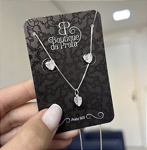 Conjunto de Prata Ponto de Luz Coração Branco