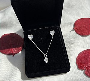 Conjunto de Prata Ponto de Luz Coração Branco
