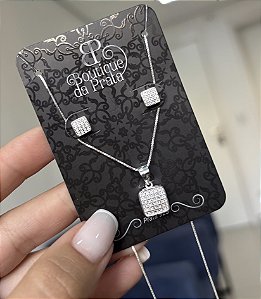 Conjunto de Prata Quadrado Cravejado