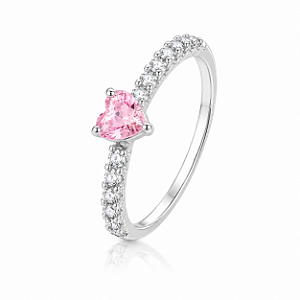 Anel de Prata Coração Rosa Cravejado
