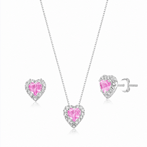 Conjunto de Prata Coração Cravejado Rosa