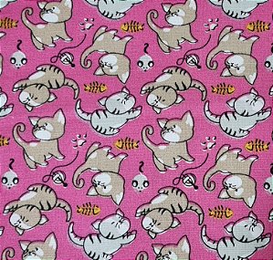 TECIDO TRICOLINE GATINHO FUNDO ROSA - 50CM